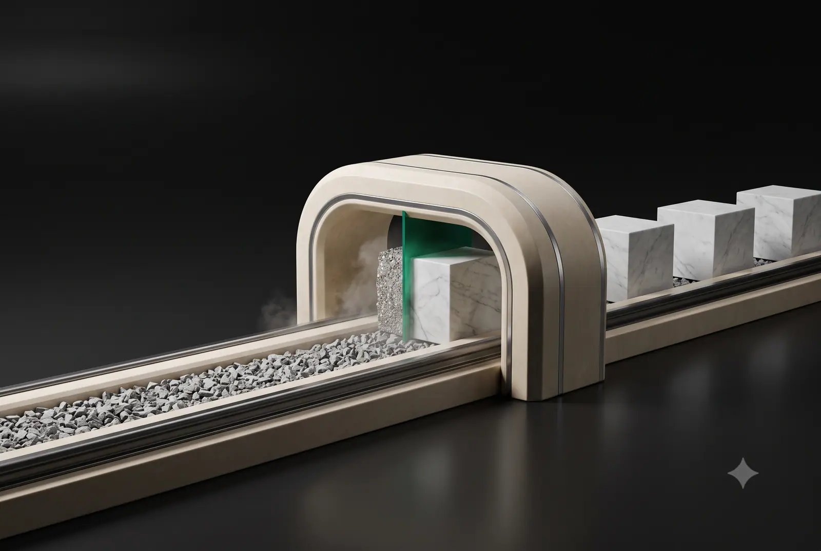 Loose grey gravel travelling in a rail channel into a softly rounded stone arch, crossing an emerald plane where it resolves into identical honed marble blocks.